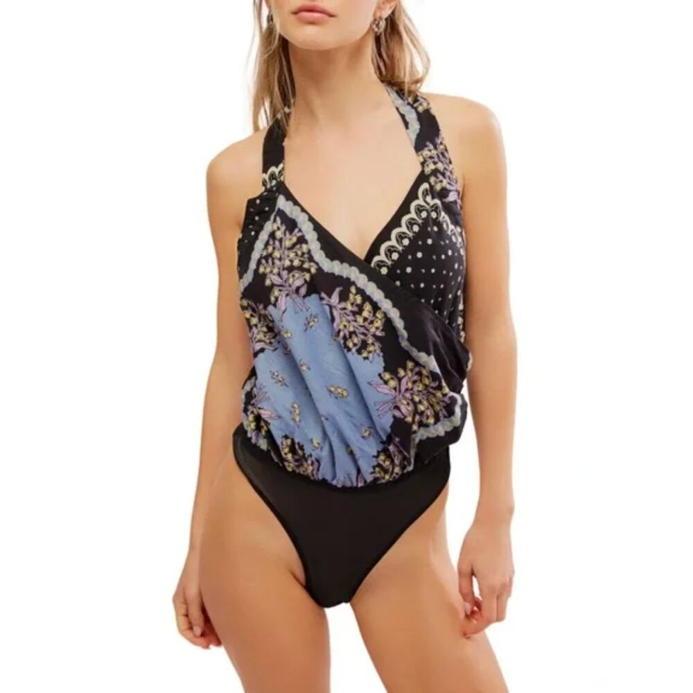 FREE PEOPLE Sweet Thing One Piece Bodysuit Paisley Black Blue Women's Size Small - Picture 9 of 10